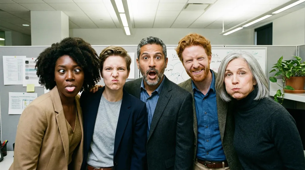 Five coworkers making funny faces in an office group photo, combined from separate portrait references