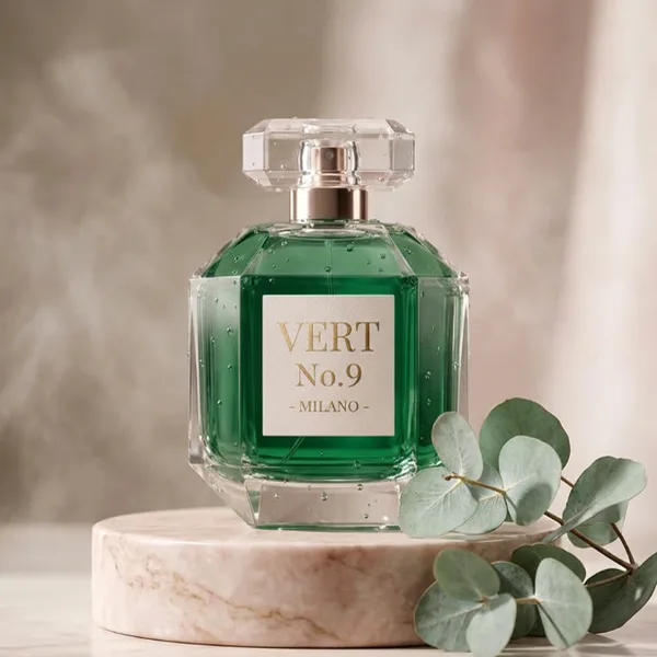 Perfume bottle recolored to emerald green with a new VERT No.9 label, edited with Nano Banana 2.1