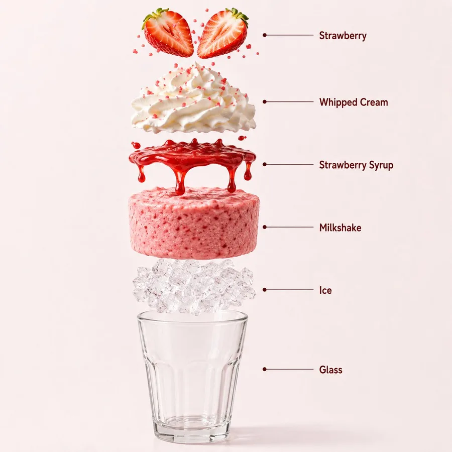 Exploded strawberry milkshake diagram showing six clearly labeled ingredients from fruit to glass container.
