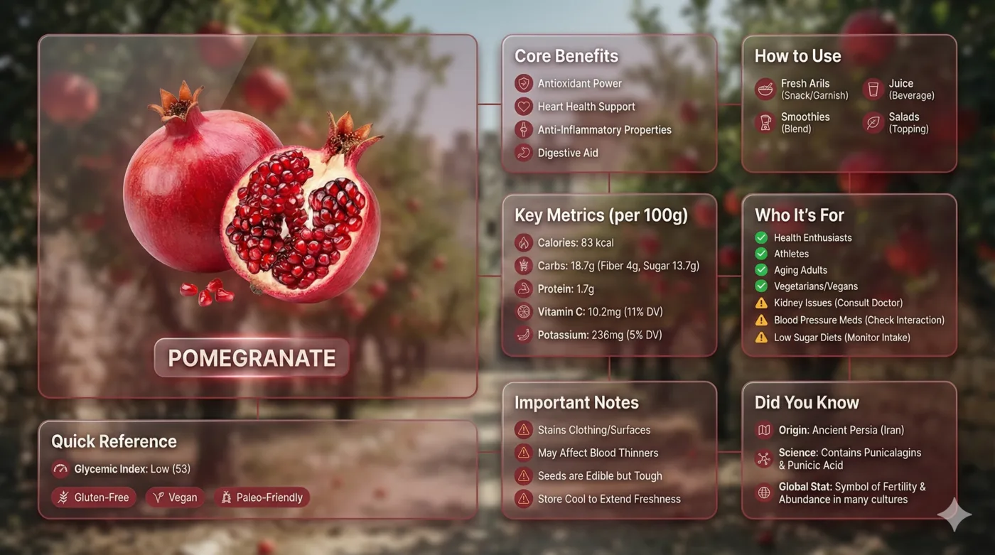 Glassmorphic bento grid infographic displaying pomegranate nutritional facts and botanical details across eight modules.