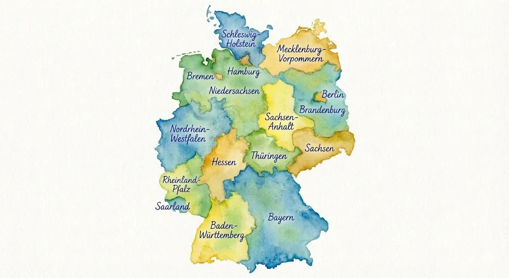 Watercolor map of Germany created with Nano Banana Pro showing handwritten labels for each state.
